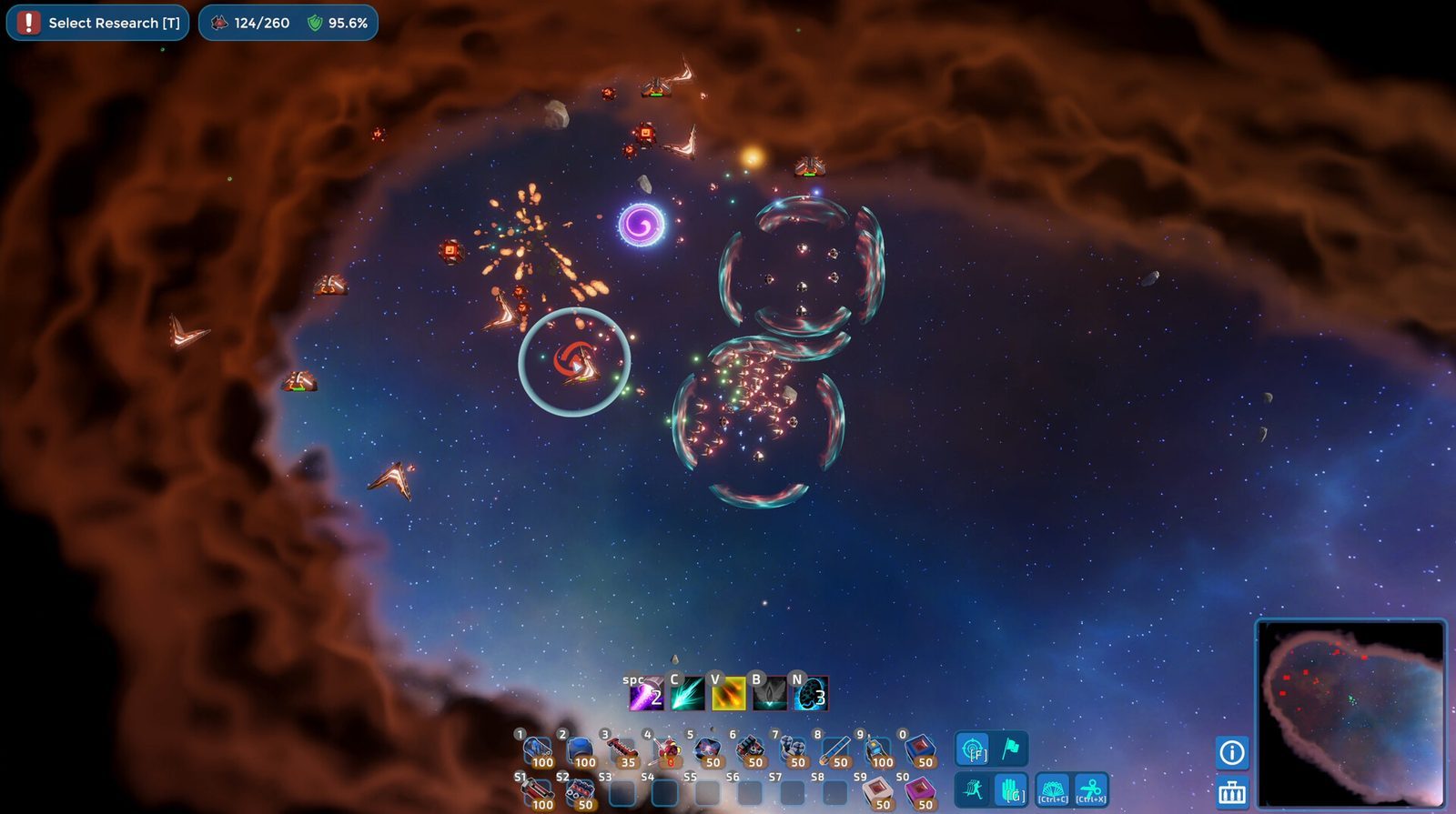 A fleet fighting enemies inside a ring-shaped nebula