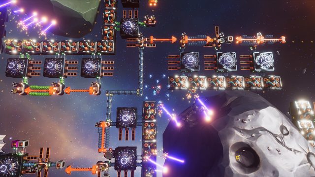 A station beside an asteroid, with connectors running between machines